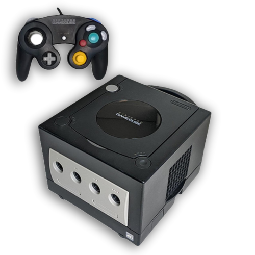 A classic Nintendo GameCube console with a controller, showcasing its iconic design.