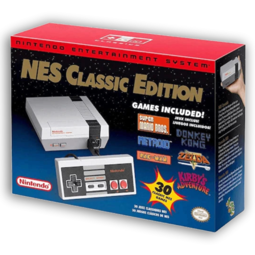 The NES Classic Edition console with a controller on a wooden table.