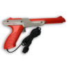 A person holding a Nintendo Zapper while aiming at a CRT screen displaying Duck Hunt.