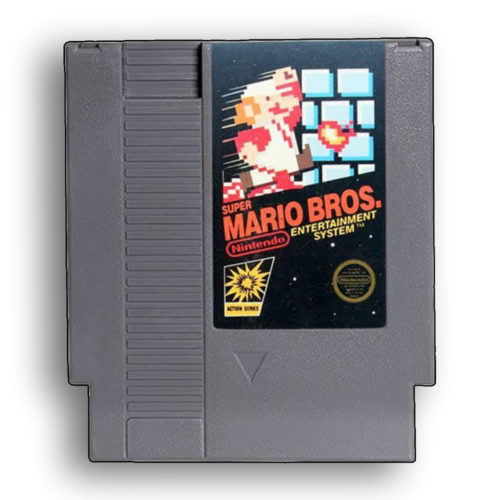 A classic cartridge of Super Mario Bros NES placed next to a vintage Nintendo Entertainment System console.